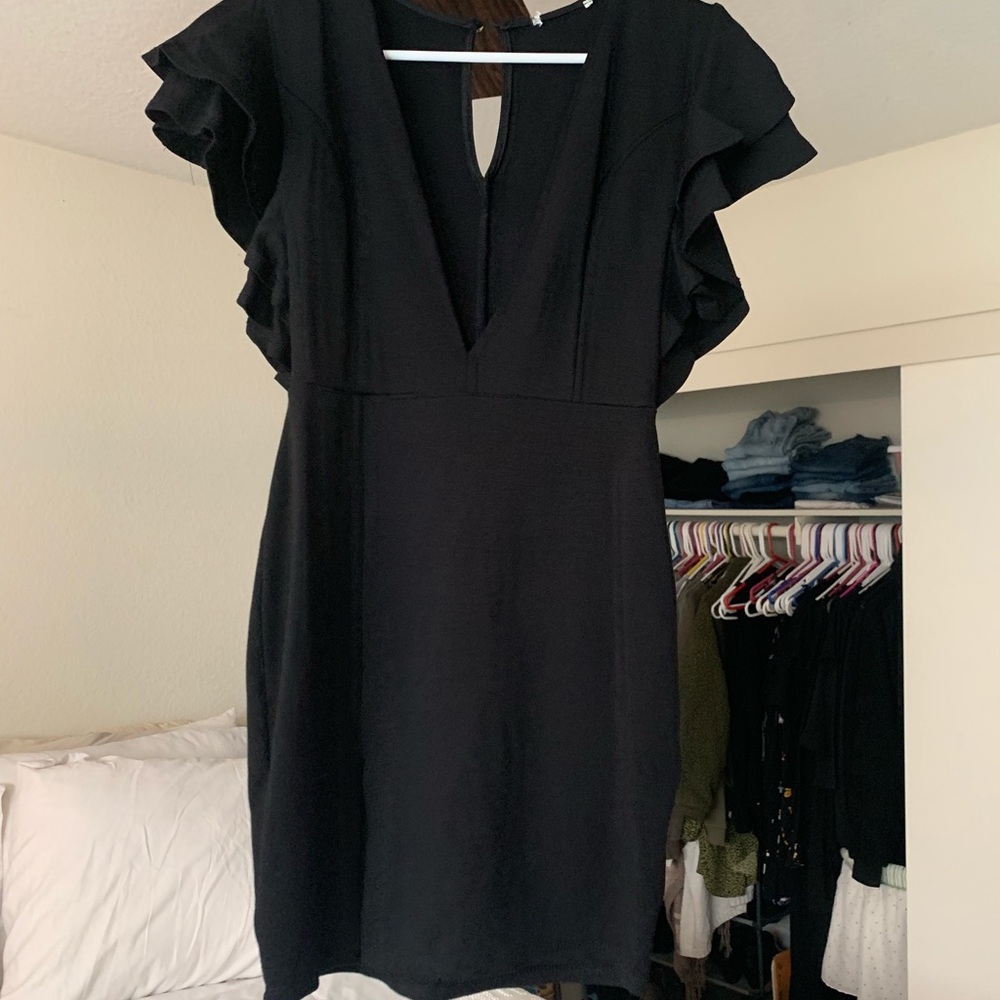 Plunge black mini dress